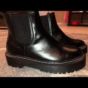 Black shiny platform ankle boots
